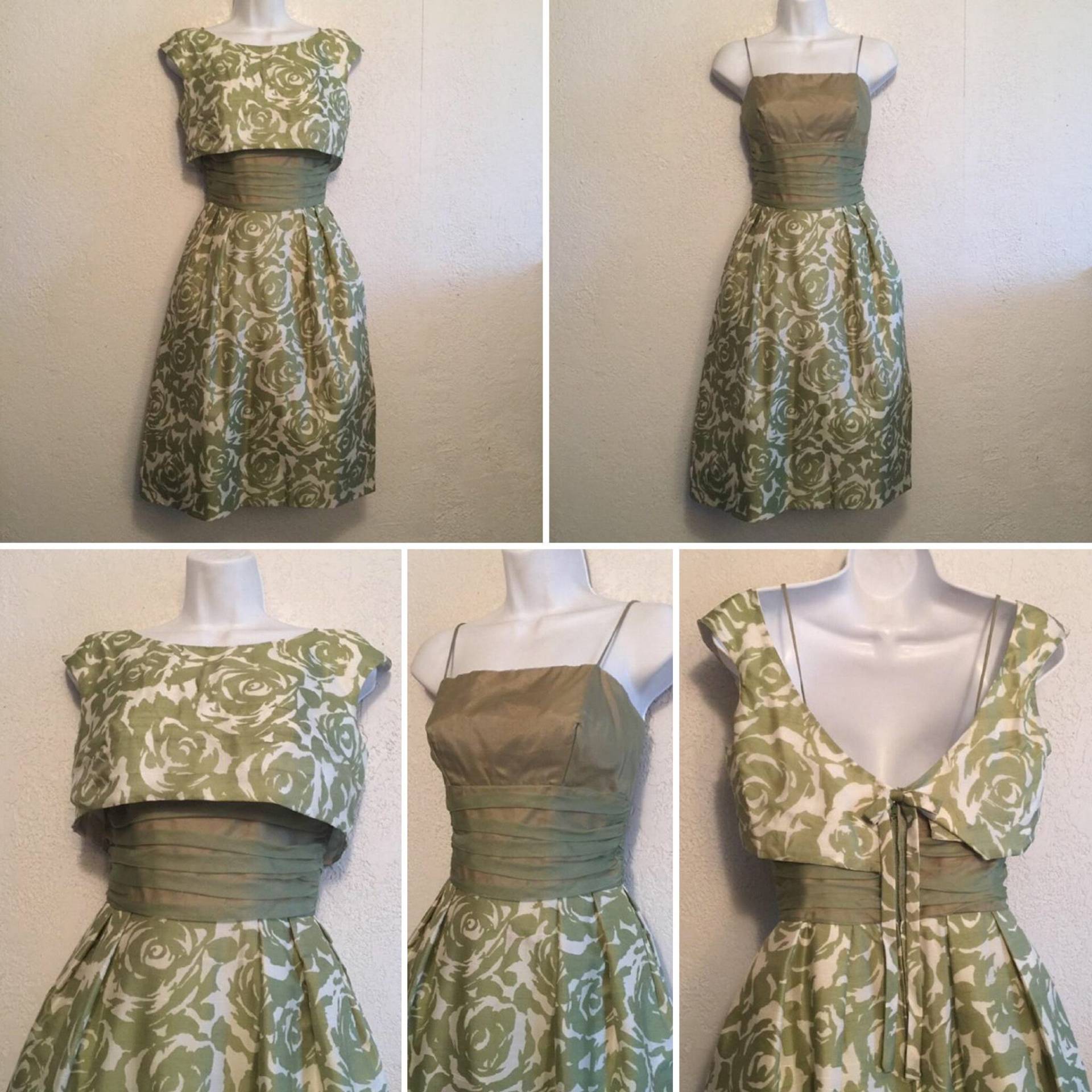 Einzigartiges Vintage-Olivgrün-Blumenkleid Aus Den 1950Er Jahren Mit Schleife Am Rücken von kitschbitchvintage