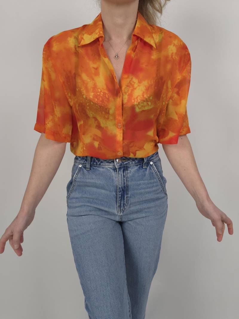 Vintage 80S Orange Pattern Transparent Blouse Size M 80Er Jahre Retro Bluse Neon Durchsichtig Muster Größe 40 von kitshvintage