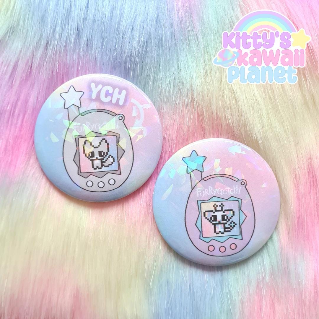 Furrygotchi Inspirierte Tamagotchi Furry Ych Dein Charakter Hier Funkeln Button Pin Kunstwerke von kittyskawaiiplanet