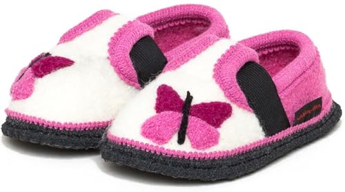 kitz-pichler Bobby Schmetterling - Kinder-Hausschuh für Jungen & Mädchen - bequemer Kinder-Filzhausschuh mit Gummizug und wasserfester Sohle Weiß/Lippstick | 26 von kitz-pichler