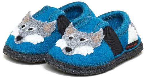 kitz-pichler Bobby Wolf - Kinder-Hausschuh für Jungen & Mädchen - bequemer Kinder-Filzhausschuh mit Gummizug und wasserfester Sohle Arctic Blue | 31 von kitz-pichler