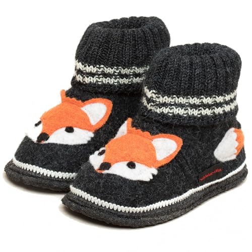 kitz-pichler Kinder-Hüttenschuh Schwaz Fuchs für Jungen & Mädchen - bequemer Kinderhausschuh mit elastischem Strickbund & Flexibler Filz-Latexsohle Kohle | 25 von kitz-pichler