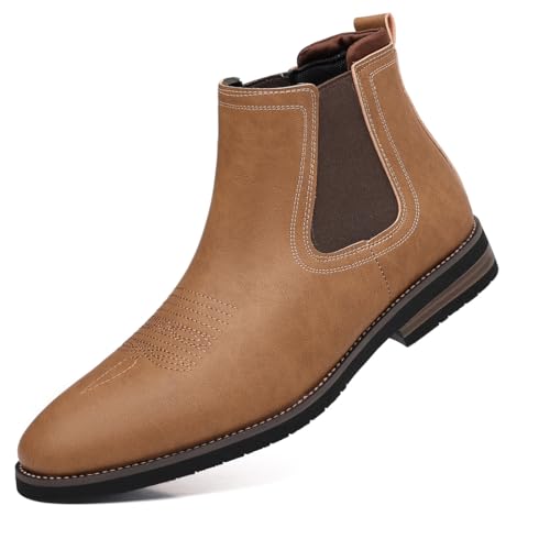 kkdom Cowboystiefel, Westernstiefel für Herren, quadratischer Zehenbereich, Chelsea-Stiefel, Schlupfstiefel, lässig, Retro-Stiefel, Braun, 38.5 EU von kkdom