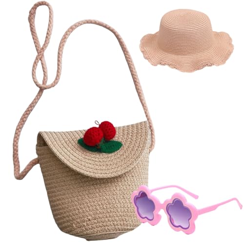 kkdom Stroh Crossbody Geldbörse - Süße Strohtasche für Mädchen Sommer Strand Schultertasche, Rosafarbene Erdbeeren und Erdbeeren von kkdom