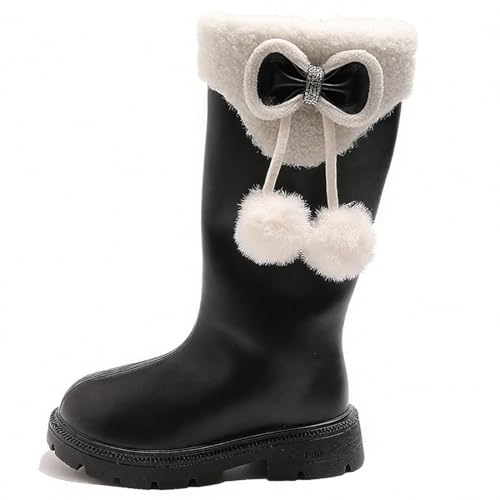 kkdom Wasserdichte Winterstiefel für Damen – rutschfeste Schneestiefel mit Fellfutter, bequeme warme Stiefeletten, Schwarzer Schleifenball, 2 Little Kid von kkdom