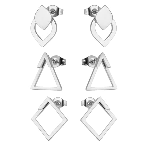 KKJOY 3 Paar Geometrische Ohrstecker Set Edelstahl Wassertropfen Ohrringe Quadratisch Dreieck Ohrringe Schmuck Geschenk für Frauen Charming Ladies von kkjoy