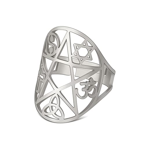 KKJOY Edelstahl durchbrochene Pentagramm Ring mit Dekoration von sechs-fachen Stern, die acht Trigramme, keltischen Knoten, Kruzifix und OM Yoga-Symbole von kkjoy