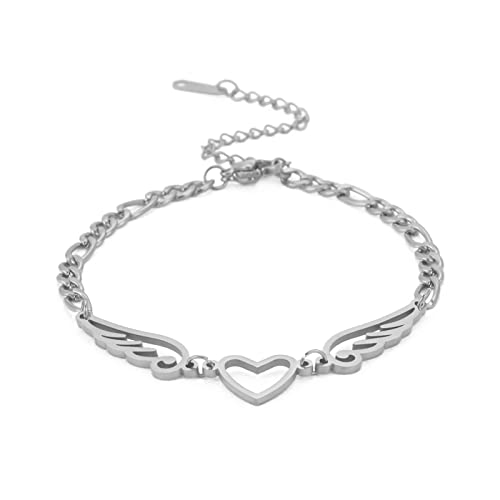 kkjoy Figaro Edelstahlkette Armband mit Herz und Flügel Anhänger für Frauen und Mädchen von kkjoy