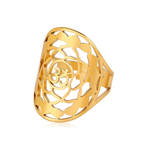 KKJOY OM Yoga Symbole Ring Edelstahl durchbrochene Lotusblume Verstellbare offene Finger Ringe Modeschmuck Geschenk für Frauen Männer von kkjoy