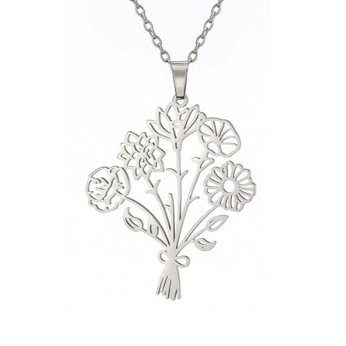 KKJOY Personalisierte Kombinierte Geburt Blumenstrauß Halskette Benutzerdefinierte 1-5 Blumen Anhänger Halsketten Wildblumenschmuck für Familienmitglied Oma Mutter Tochter Freunde (5 Blumen) von kkjoy