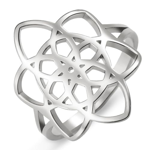 kkjoy Blume des Lebens Ring Edelstahl Keltischer Knoten Blüte Ring Versprechen Ring Schmuck für Frauen Charmante Damen (Silber, Durchmesser 18mm) von kkjoy