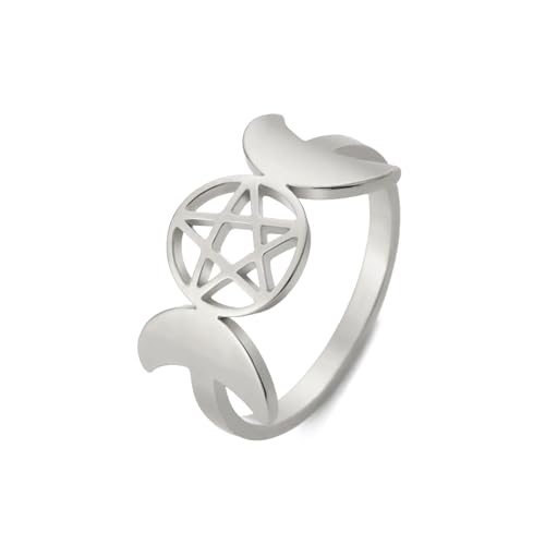 kkjoy Dreifach Mond Göttin Ring Edelstahl Mondphase Pentagramm Amulett Versprechen Ring Magie Wicca Schmuck Geschenk für Frauen Mädchen von kkjoy