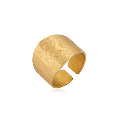 kkjoy Edelstahl Dreifach Mond Göttin Breites Band Ring Keltischer Knoten Baum des Lebens Einstellbare Ring Talisman Schmuck für Männer Frauen (Durchmesser 19mm, Dreifach Mond Göttin - Gold) von kkjoy