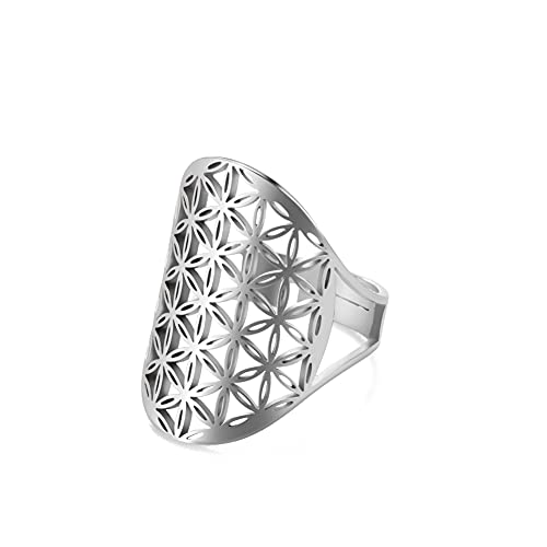 kkjoy Edelstahl Durchbrochener Ring mit Blume des Lebens verstellbar offener Fingerring Versprechenring Schmuck Geschenk für Frauen von kkjoy