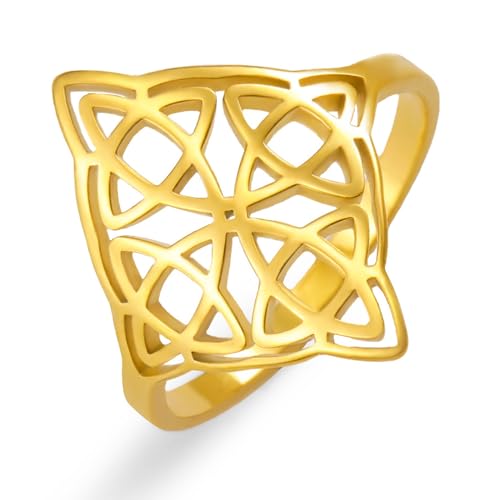 kkjoy Hexenknoten Ring Edelstahl Keltischer Magischer Knoten Heidnischer Wiccan Symbole Ring Hexerei Amulett Schmuck für Frauen Charmante Damen (Stil 2, Gold, Durchmesser 21mm) von kkjoy