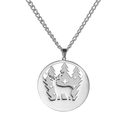 kkjoy Hirsch in den Wäldern Halskette Edelstahl Tier im Wald Anhänger Halskette Weihnachtsschmuck Geschenke für Männer Frauen von kkjoy
