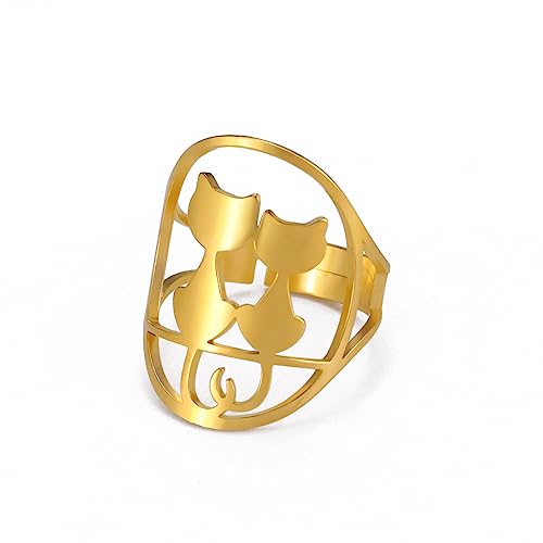 kkjoy Katzen-Ring aus Edelstahl Verstellbar Niedliche Katzen Offener Fingerring Modeschmuck Geschenk für Frauen und Mädchen von kkjoy
