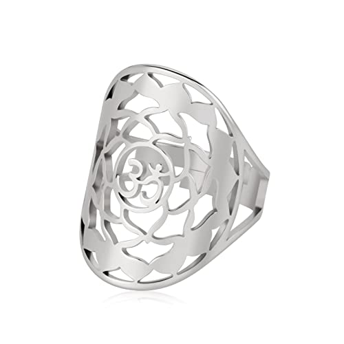 KKJOY OM Yoga Symbole Ring Edelstahl durchbrochene Lotusblume Verstellbare offene Finger Ringe Modeschmuck Geschenk für Frauen Männer von kkjoy