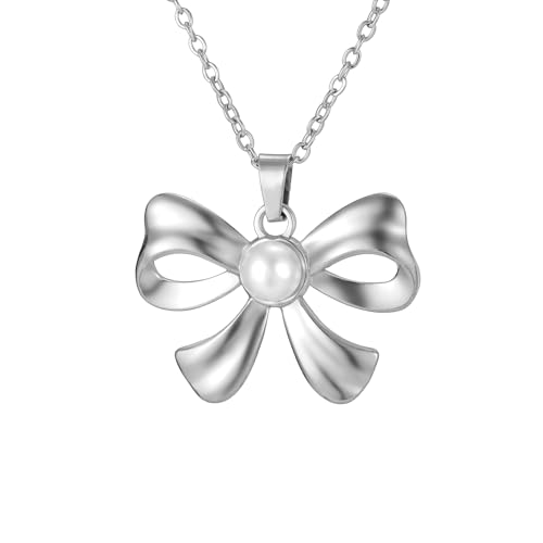kkjoy Perlen Schleife Halskette Edelstahl Fliege Band Anhänger Halskette Schmetterling Bowknot Schmuck für Frauen Charmante Damen von kkjoy