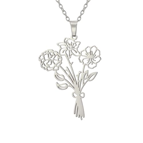 KKJOY Personalisierte Kombinierte Geburt Blumenstrauß Halskette Benutzerdefinierte 1-5 Blumen Anhänger Halsketten Wildblumenschmuck für Familienmitglied Oma Mutter Tochter Freunde (3 Blumen) von kkjoy