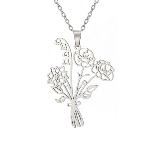 KKJOY Personalisierte Kombinierte Geburt Blumenstrauß Halskette Benutzerdefinierte 1-5 Blumen Anhänger Halsketten Wildblumenschmuck für Familienmitglied Oma Mutter Tochter Freunde (4 Blumen) von kkjoy