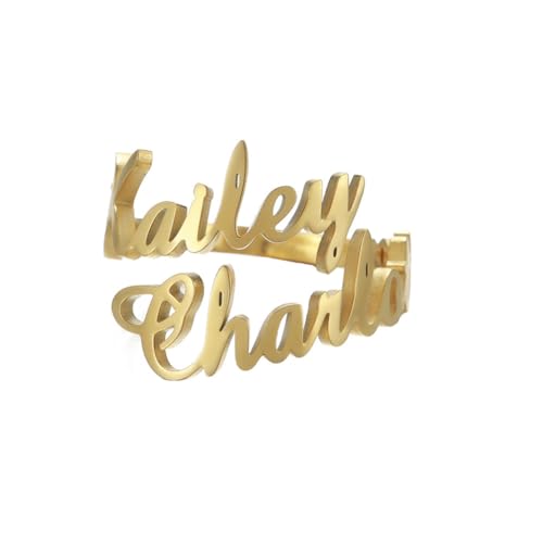 kkjoy Personalisierte Name Ring Edelstahl Customize Namen Versprechen Ring Einstellbare Paar Ring Familie Ringe Engagement Hochzeit Schmuck für Frauen Männer (Namensring 2 - Gold) von kkjoy