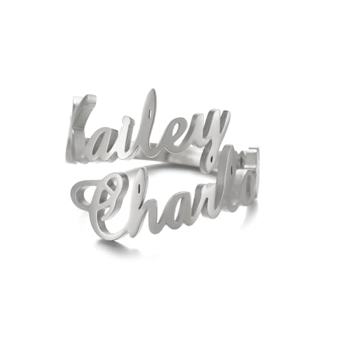 kkjoy Personalisierte Name Ring Edelstahl Customize Namen Versprechen Ring Einstellbare Paar Ring Familie Ringe Engagement Hochzeit Schmuck für Frauen Männer (Namensring 2 - Silber) von kkjoy
