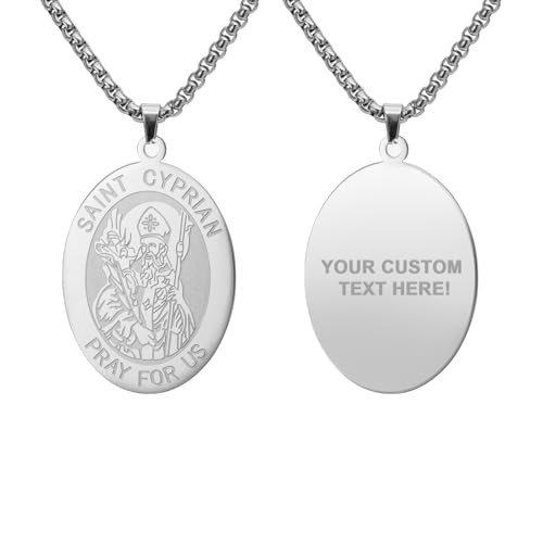 kkjoy Personalisierte Sankt Zyprian BETET FÜR UNS Halskette Edelstahl Ovale Medaille Anhänger Schutz Amulett Patenschmuck für Männer Frauen Freunde Paar Familienmitglied (Silber) von kkjoy