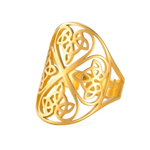 kkjoy Vierblättriges Kleeblatt Form Irischer Keltischer Knoten Ring Edelstahl Ewigkeit Versprechen Ring Amulett Schmuck für Frauen (Gold) von kkjoy