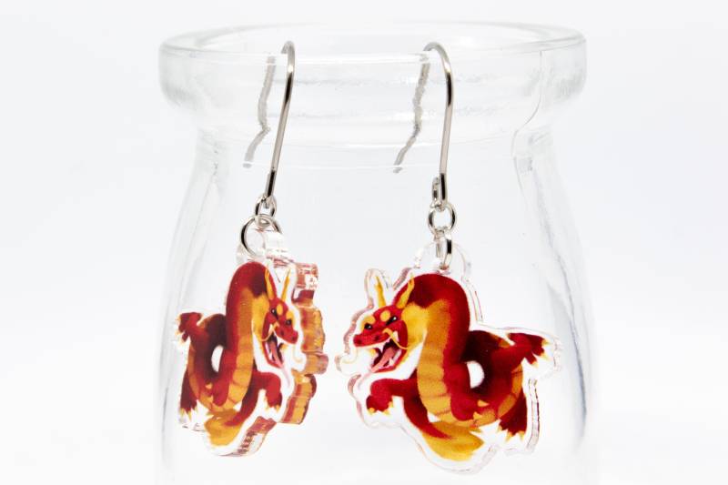 Drachen Ohrringe, Acryl Clear Charm, Doppelseitiger Edelstahl, Fantasy Drachen Ohrringe, Acryl Clear Charm, Doppelseitiger Edelstahl, Fantasy von kkomiArt
