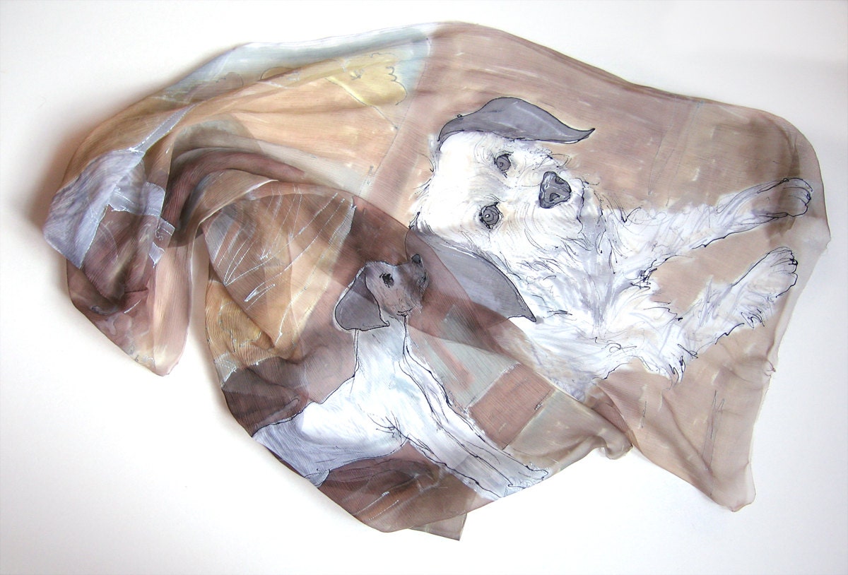 Handgemalter Seiden-Chiffon Schal Mit Personalisiertem Hundemotiv, Pastellfarben von klaradar