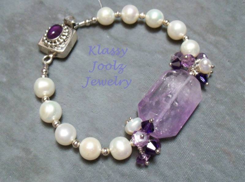 Amethyst Edelstein-Perle Sterling Silber Armband-Edelstein Armband-Süßwasserperlen Armband-Ooak Armband-Srajd-Handwerker Armband Amethyst Edelstein-Perle Sterling Silber Armband-Edelstein Armband-Süßwasserperlen Armband-Ooak Armband-Srajd-Handwerker Armband von klassyjoolz