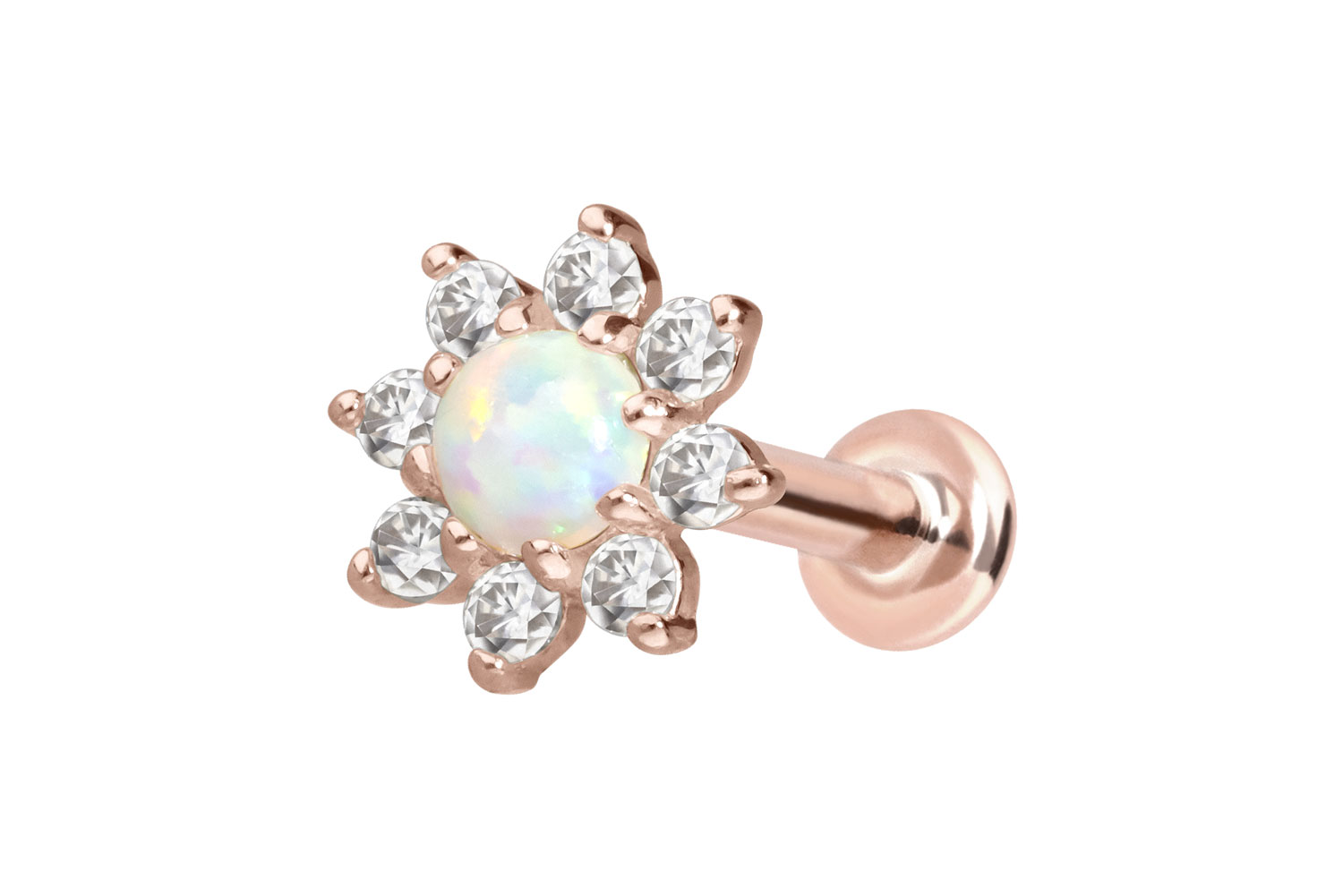 14 Karat Gold Labret mit Innengewinde MOISSANIT-BLUME + SYNTHETISCHER OPAL von Piercingline