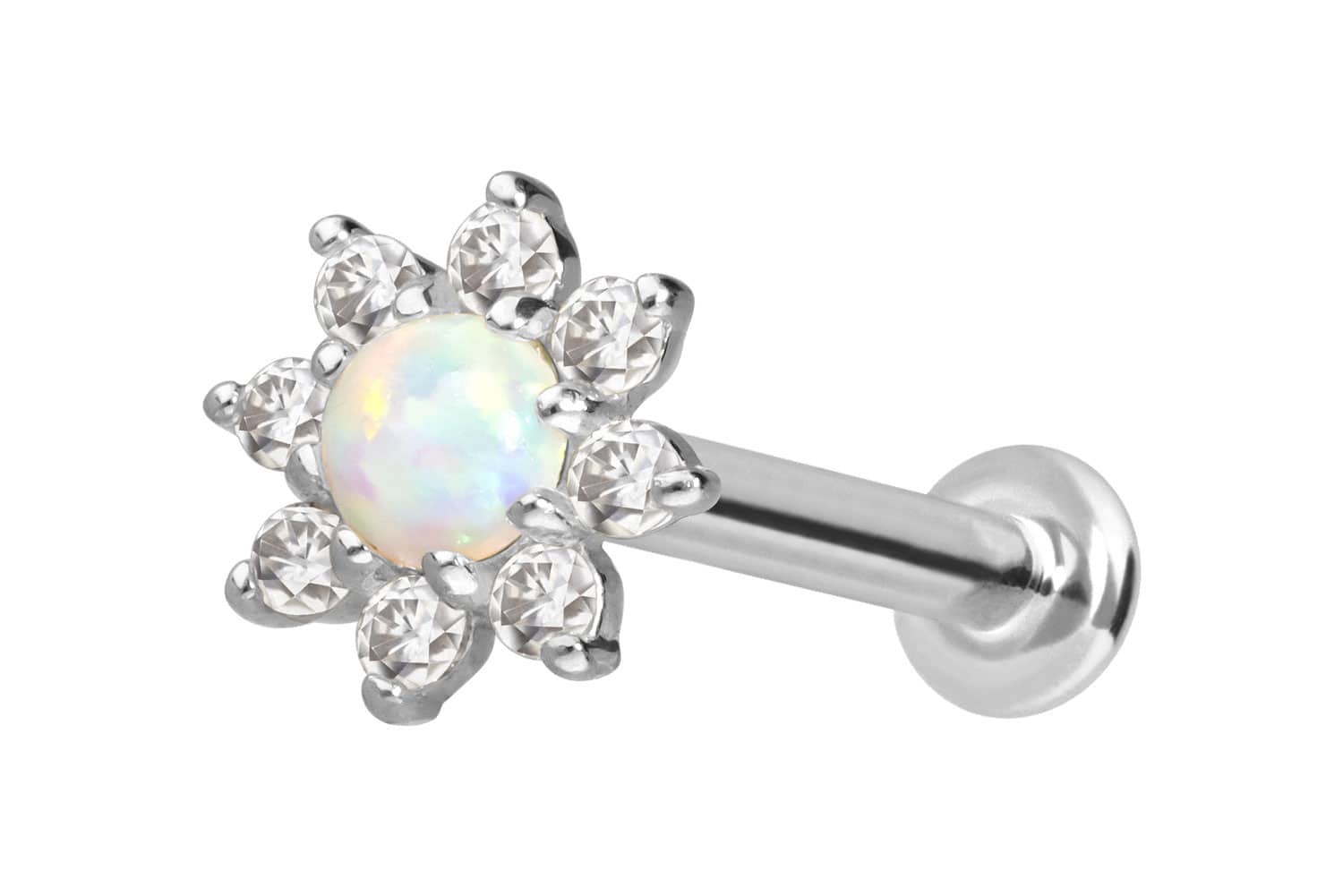 14 Karat Gold Labret mit Innengewinde MOISSANIT-BLUME + SYNTHETISCHER OPAL von Piercingline