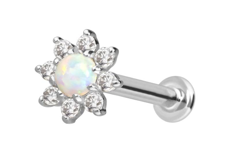 14 Karat Gold Labret mit Innengewinde MOISSANIT-BLUME + SYNTHETISCHER OPAL von Piercingline