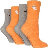 4er Pack Damen Schlafsocken | Wildfeet | Gemütliche weiche Fleece-Thermo-Slipper-Loungesocken für Frauen - Halloween