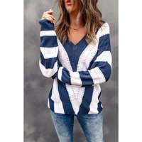 Azura Exchange Damen Farbblock V-Ausschnitt Strickpullover in Blau Azura Exchange Damen Farbblock V-Ausschnitt Strickpullover in Blau