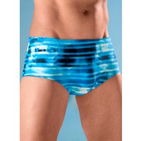 Badehose in höherer Slipform mit Streifendessin, Türkis-schwarz-weiss, Grösse 6