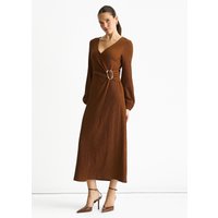 Braunes Jersey Textur Wickelkleid mit Metallbesatz Midikleid