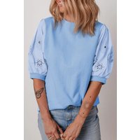 Damen Bluse mit Puffärmeln und Blumenstickerei im Eylet-Design mit Patchwork und Rundhalsausschnitt
