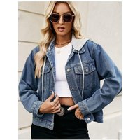 Damen Denim-Jacke mit Kapuze, Knopfverschluss und Kordelzug