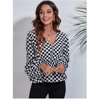Damen Karierte V-Ausschnitt Ballonärmel Peplum Bluse