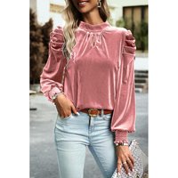 Damen Krawatten-Hals Mock Neck Samt-Longsleeve Bluse
