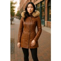 Damen-Parka aus gestepptem Leder in Hellbraun – Winton