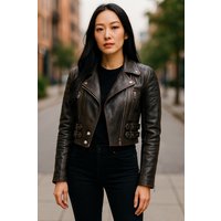 Damen Vintage Schwarze Cropped Brando Leder Bikerjacke-Durban