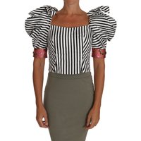 Dolce & Gabbana Women's White Black Striped Cropped Top Puff Sleeve Shirts