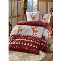 Flanell-Bettwäsche-Garnitur mit Reissverschluss, Rot-bunt, Grösse 112 (80/80 cm + 135/200 cm)