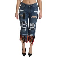 Dolce & Gabbana Damen Jeans aus Baumwolle mit niedriger Taille und blauen Federn Dolce & Gabbana Damen Jeans aus Baumwolle mit niedriger Taille und blauen Federn