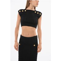 Gestricktes Crop Top mit Zierknöpfen in Schwarz