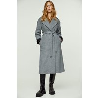 Gewebter Wintermantel aus graumelierter Wolle mit Schalkragen und elegantem Gürtel